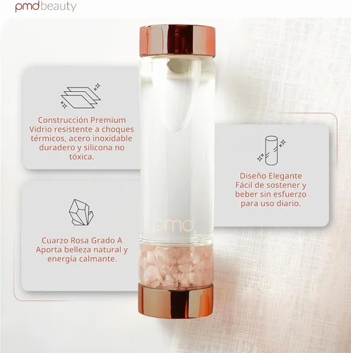 Vista 2 de PMD Beauty Botella de agua de vidrio Aqua con cuarzo rosa grado A de 16.2 onzas, botella de vidrio reutilizable, sin BPA, diseño minimalista