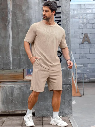 Vista 2 de Babioboa Conjunto de camiseta y pantalones cortos de manga corta para hombre, 2 bolsillos, de gran tamaño, de dos piezas, casual, uso diario
