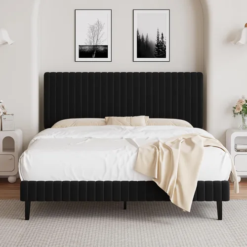 Vista 15 de BarnFurin Marco de Cama Individual, Cama Plataforma Tapizada en Terciopelo con Cabecero y Pie de Cama con Canales Verticales Acolchados, No Requiere