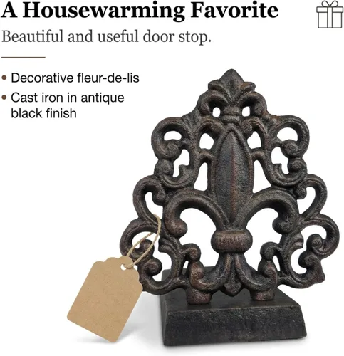 Vista 6 de LuLu Decor, Tope de puerta de hierro fundido Fleur De Lis, tapón de puerta en acabado negro antiguo, producto hermoso y útil, simplemente inserta
