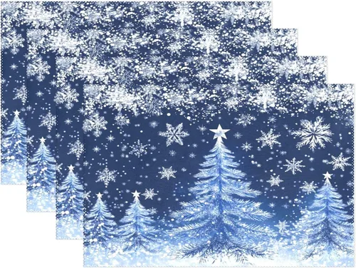 Vista 10 de Juego de 4 manteles individuales con diseño de árbol de Navidad, diseño de árbol de Navidad, resistentes al calor, manteles individuales lavables