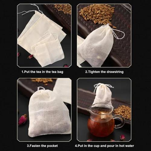 Vista 6 de Numola 50 bolsas de té de algodón sin blanquear, bolsas de té reutilizables con cordón para cocinar sopa, bolsa infusora de té orgánico natural