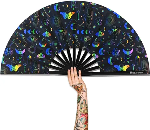 Vista 8 de Abanico Plegable Grande, Abanico Rave Clack de 13 Pulgadas, Abanico de Mano para Mujeres y Hombres con Tela de Satén Premium, Marco de Bambú Grueso