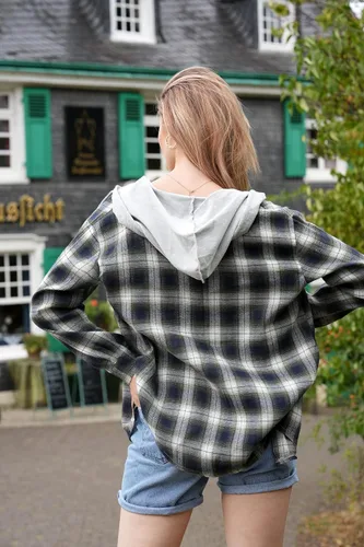 Vista 5 de ZAFUL Camisa de manga larga a cuadros para mujer, mezcla de lana con botonadura, chaqueta fina, blusa casual con bolsillo.