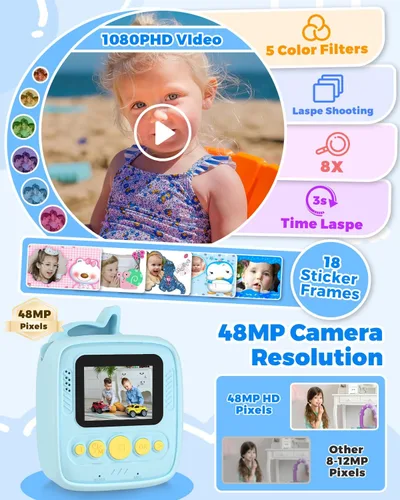 Vista 4 de Cámara para Niños Impresión Instantánea, Regalos de Navidad y Cumpleaños para Niños de 3 a 8 Años, Cámara de 48MP y 1080P para Niños con Papel