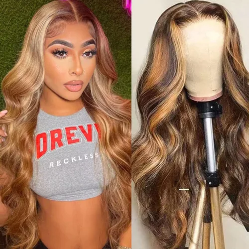 Vista 41 de Pelucas de encaje frontal de 13x4 Highlight Ombre de cabello humano ondulado 4/27 color rubio miel 9A sin pegamento HD encaje frontal transparente