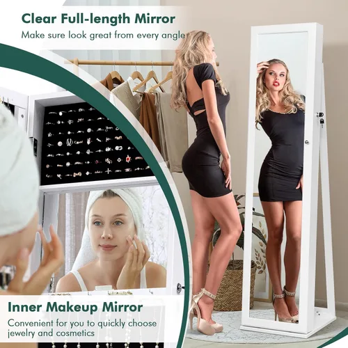 Vista 6 de LOKO Gabinete de joyería con cerradura, organizador de maquillaje de gran capacidad con espejo de cuerpo entero, espejo de maquillaje integrado, 5