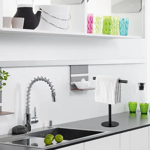 Vista 5 de Soporte para toallas de mano para baño, tocador, encimera, color negro mate, en forma de T, toallero, toallero, barra de toalla para baño, cocina