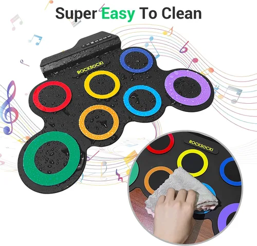 Vista 5 de Juego de batería eléctrica, 7 almohadillas electrónicas para niños con auriculares incluidos, almohadilla de práctica de tambor enrollable, gran 3-8