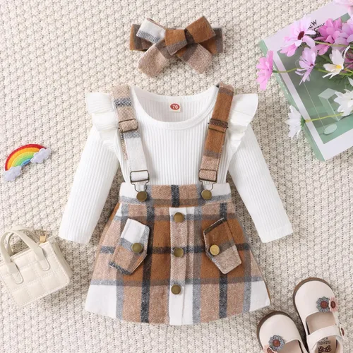 Vista 3 de Baby Girl Long Ruffle Sleeve Romper Button Plaid Suspender Skirt Adjustable Strap Suspender Skirt Headband Set