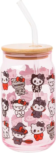 Vista 22 de Silver Buffalo Sanrio - Vaso de vidrio con tapa de bambú y sorbete de vidrio de fotos de Badtz-Maru, 16 onzas