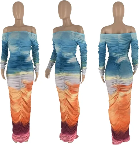 Vista 5 de YOOTIKO Vestido ajustado fruncido para mujer, con hombros descubiertos, teñido anudado, manga larga, sexy, sin espalda, para club, fiesta, vestido