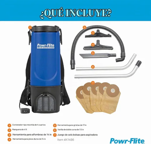 Vista 2 de Powr-Flite Pro-Lite - Aspiradora de mochila de grado comercial de 4 cuartos de galón, aspiradora portátil con kit de herramientas, BP4S Aspiradora
