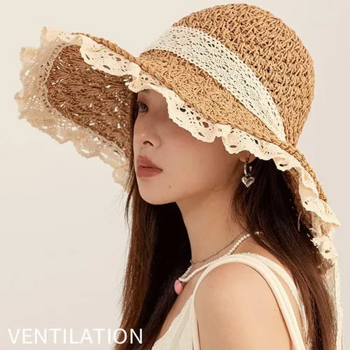 Vista 2 de Sombrero de sol para mujer, de ala ancha, con encaje, con protección UPF 50+, plegable, para verano, viajes, paja