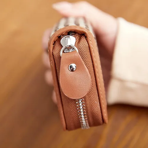 Vista 5 de Tarjetero de tarjetas de crédito con cremallera para mujer bloqueo RFID fundas para tarjetas de visita para mujer marrón
