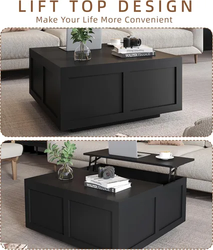 Vista 4 de HedoAjim Mesa de centro elevable con almacenamiento, mesa de centro cuadrada negra de 31.5 pulgadas con gran almacenamiento oculto, mesa central