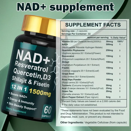 Vista 5 de Dr.HR NAD+ Resveratrol Vitamina D3 Quercetina y Fisetina, Suplementos NAD antienvejecimiento 1500mg para mujeres y hombres Apoya la energía