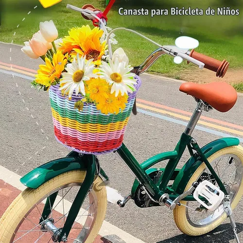 Vista 3 de Cesta de bicicleta para niñas, cesta de bicicleta ajustable para manillar delantero con serpentinas de bicicleta, juego de campana/molino de viento