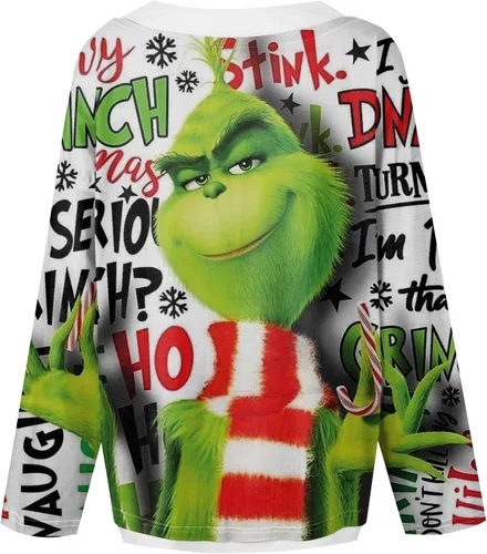 Vista 3 de WJDSZBD Suéter feo de Navidad para mujer, estampado de monstruo verde, manga larga, cuello redondo, sudaderas de fiesta de talla grande