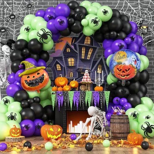 Vista 8 de Kit de arco de globos de Halloween de 155 piezas, kit de guirnalda de globos de color negro, naranja, morado y verde, con arañas de telaraña