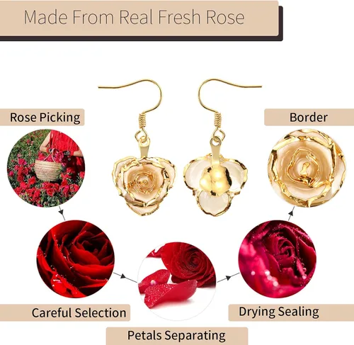 Vista 9 de AliveRose Juego de collar y aretes de rosa sumergida en oro, el mejor regalo para su esposa y mujeres en aniversario, día de San Valentín