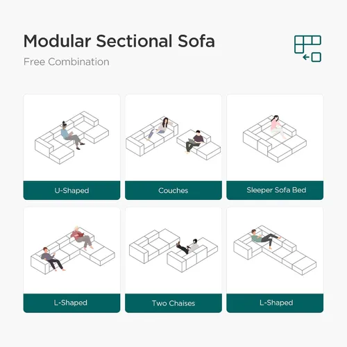 Vista 6 de Acanva - Sofá modular convertible con otomana, en forma de U, color negro Sofá de pana, marco de madera, combinación libre, sofá cama, para sala