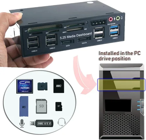 Vista 4 de Generic T-SIDAKE 5.25 pulgadas PC Multifuncional Tablero de Medios de Medios de Audio Panel Frontal, con SATA e-SATA Dual USB 3.0 6 Puertos USB 2.0