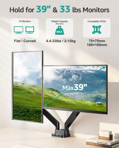 Vista 2 de MOUNT PRO Soporte de escritorio para monitor dual para pantalla ultraancha de 39 pulgadas de hasta 33 libras, brazo de monitor resistente, brazos