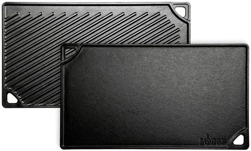 Vista 2 de Lodge Parrilla/plancha reversible LDP3, 9.5 x 16.75 pulgadas y prensa rectangular de hierro fundido LGP3, pre-sazonada, 6.75 x 4.5 pulgadas