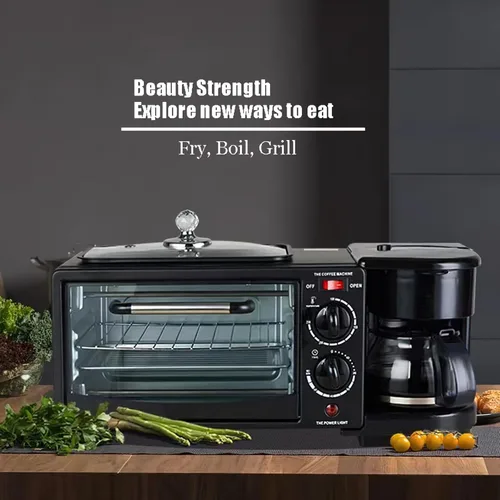 Vista 4 de Máquina de desayuno casera multifuncional 3 en 1, mini horno, cafetera (negro)