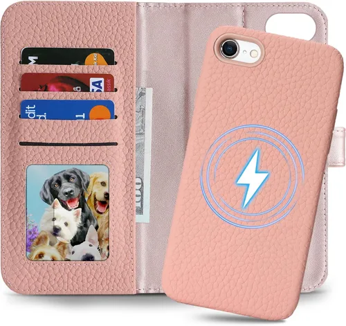 Vista 7 de Funda desmontable de cuero genuino para iPhone SE 2020/SE 2022/7/8, funda magnética 2 en 1 extraíble, soporte de carga Magsafe, funda protectora