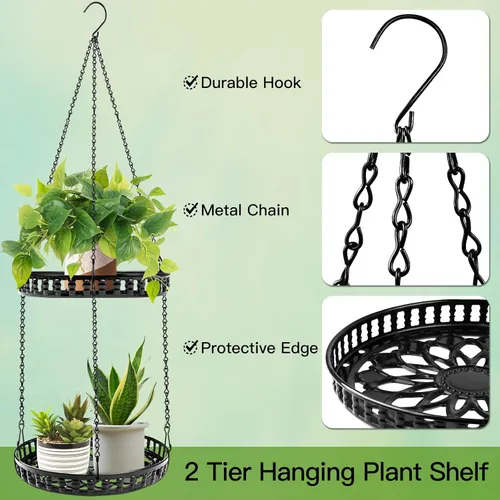 Vista 3 de Soporte para plantas colgantes para interior y exterior, estante para plantas colgantes de 2 niveles, soporte para plantas colgantes de metal