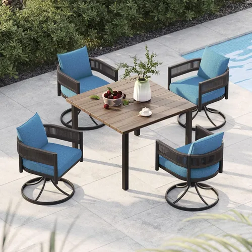 Vista 25 de Juego de comedor al aire libre Grand Patio de 5 piezas para 4, sillas de patio fijas de mimbre tejido metálico con cojines engrosados y 1 mesa
