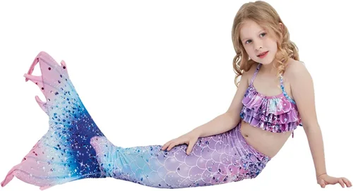 Vista 4 de Traje de baño de cola de sirena para niñas, traje de baño de princesa, conjunto de 5 piezas para 3-12 años