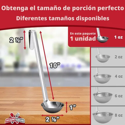 Vista 2 de Cucharón de sopa súper resistente y ergonómico de 1 onza, 1 paquete. Cucharones de acero inoxidable con asas largas. Los mejores accesorios