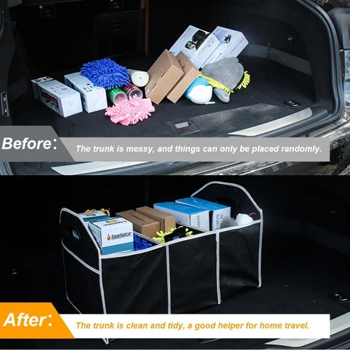 Vista 3 de Organizador de maletero de automóvil, organizador de almacenamiento plegable con 3 compartimentos, caja de almacenamiento para automóvil, bolsa