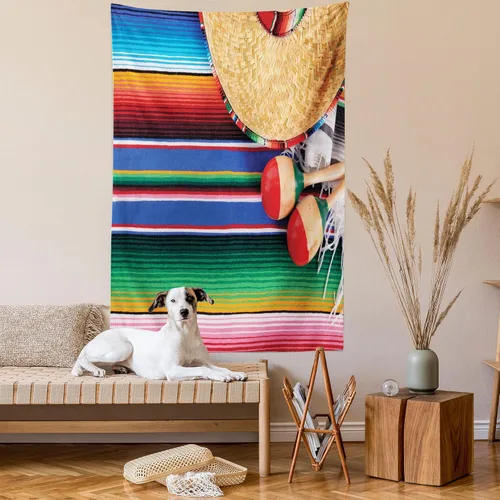 Vista 2 de Lunarable Tapiz mexicano, impresión temática de cultura mexicana de un sombrero de maracas y serape, alfombra de arte popular, decoración de tela