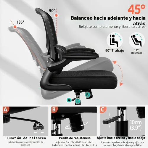 Vista 3 de BESTFAIR Silla de oficina ergonómica, silla de escritorio de malla transpirable cómoda con soporte lumbar, silla de computadora, silla de escritorio