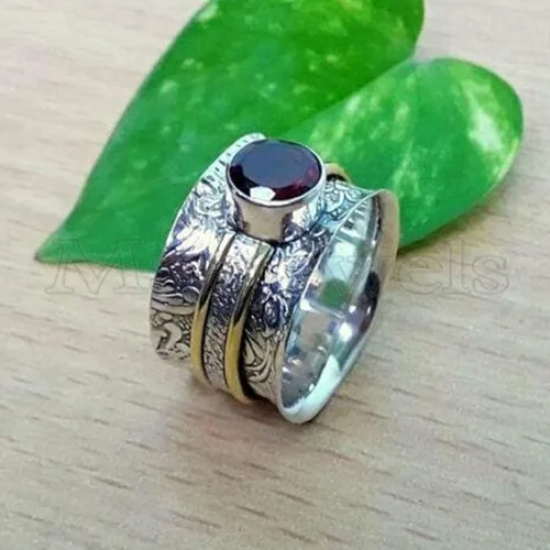 Vista 4 de Gemstone Spinner Ring for Women, 925 Sterling Silver Boho Meditation Band with Amethyst, Moonstone, Opal, Garnet, Gift for Her