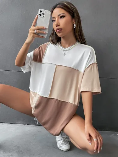 Vista 5 de Floerns Camiseta holgada de manga corta con cuello redondo y costuras de bloque de color para mujer