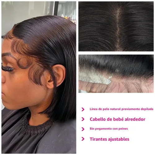 Vista 3 de Peluca Bob de 10 Pulgadas de Cabello Humano, Pelucas Frontales de Encaje HD 13x4 de Cabello Humano Pre-Desplumadas, Peluca Bob Corta, Pelucas