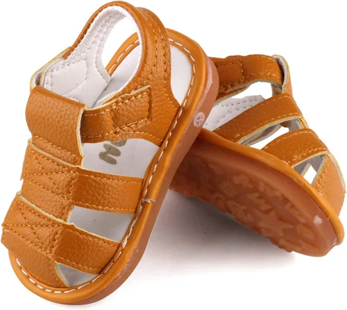 Vista 7 de QIETION Sandalias chirriantes para niños y niñas pequeños, puntera cerrada, suela de goma antideslizante, zapatos para primeros pasos