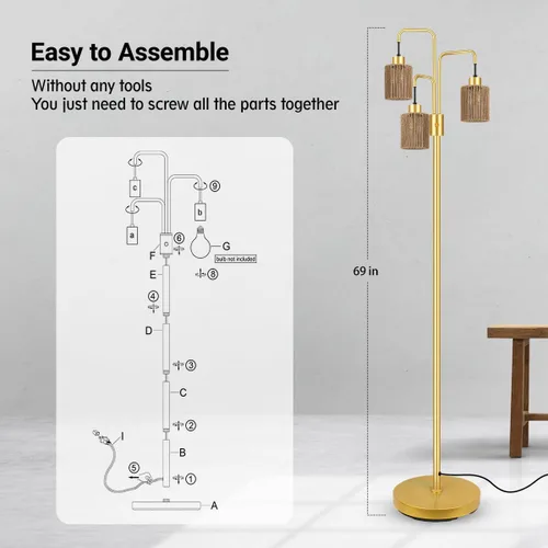 Vista 5 de Lámpara de pie industrial BoostArea para sala de estar, lámpara de pie moderna dorada con 3 luces, lámpara de pie para pararse con diseño simple