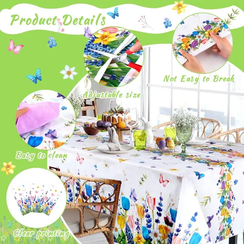 Vista 3 de 3 manteles florales desechables de plástico, mantel rectangular de tulipán lavanda, mantel de primavera y verano para mesa rectangular, hogar