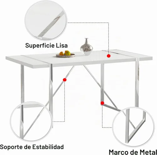 Vista 7 de Juego de mesa de comedor para 4, juego de mesa de cocina rectangular de MDF blanco con sillas de comedor de cuero, juego de 4, juego de mesa