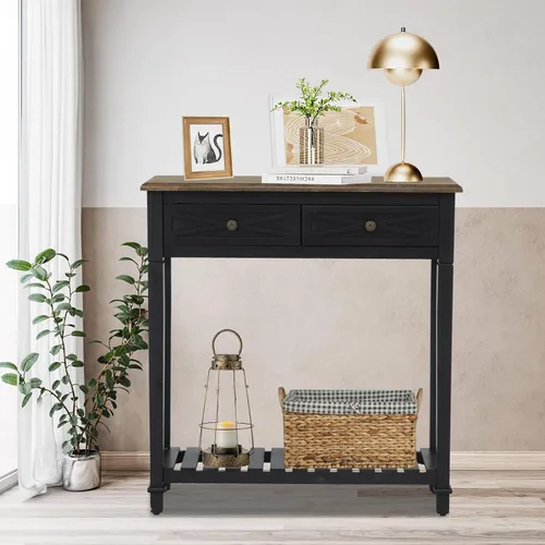 Vista 8 de KINTNESS Mesa de entrada, mesa consola estrecha con 2 cajones, mesa auxiliar de sofá con estantes para sala de estar, pasillo, color negro