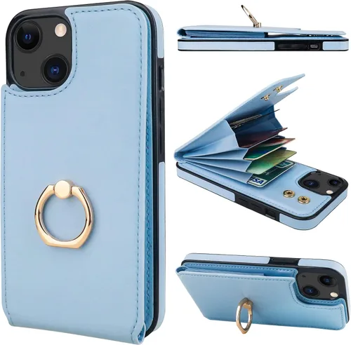 Vista 22 de Folosu Funda tipo billetera compatible con iPhone 14 con soporte para tarjetas, soporte de anillo para dedo con rotación de 360° y función atril