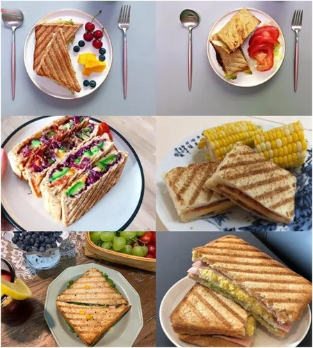 Vista 4 de Máquina de sándwiches calientes, sartén para hornear sándwiches de doble cara para freír panini de fondo plano, antiadherente, tostadora para perros