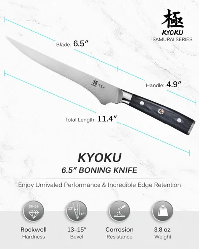 Vista 5 de KYOKU Cuchillo deshuesador de 6,5 pulgadas de la serie Samurai, cuchillo de filetear con mango de madera de Pakka, acero de alto carbono