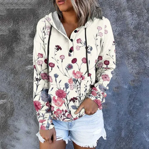 Vista 2 de Sudadera con capucha de manga larga con botones para mujer, con bolsillo, casual, con cordón y ligero